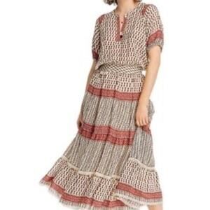 LINI Rosie Dress XS Red Tan Floral Print Tiered Ruffle Boho Beach Short Sleeve